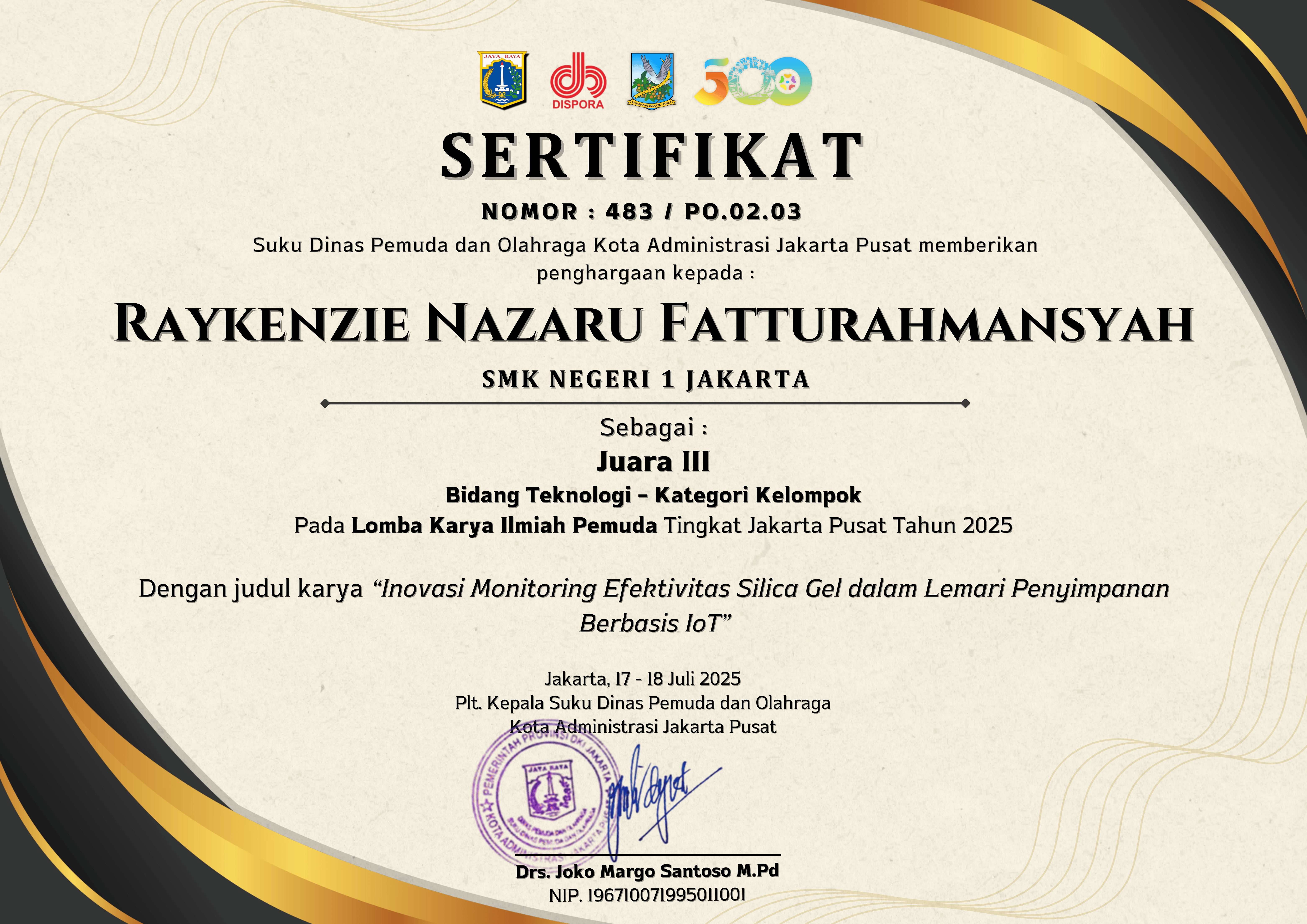 Sertifikat Juara 3 KIP Jakarta Pusat