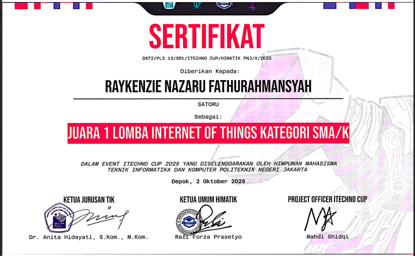 Sertifikat Juara 1 ITechnoCup Jakarta Pusat